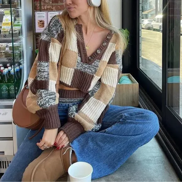 For love and lemons checker print Knit Sweater crop top - Picture 1 of 8